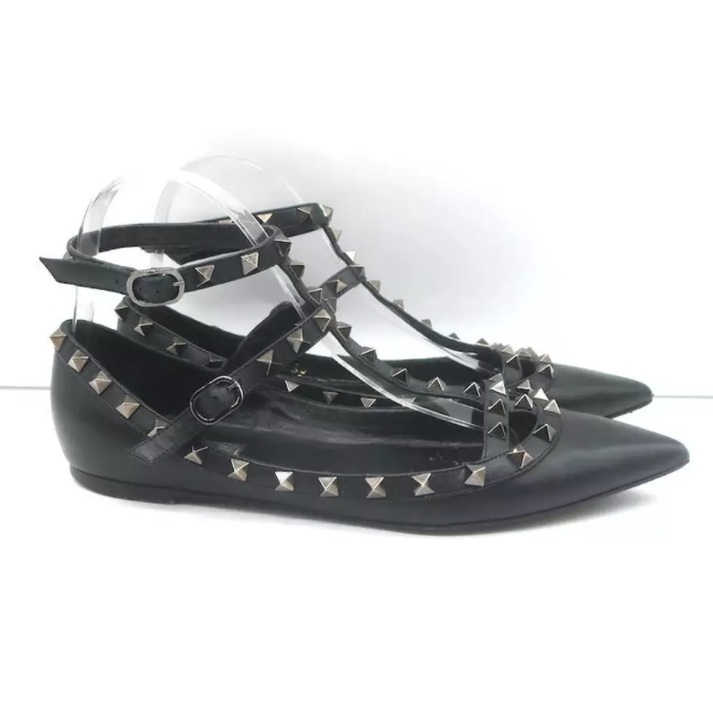 Valentino Noir Rockstud Caged Ballet Flats Black Leather Size 39